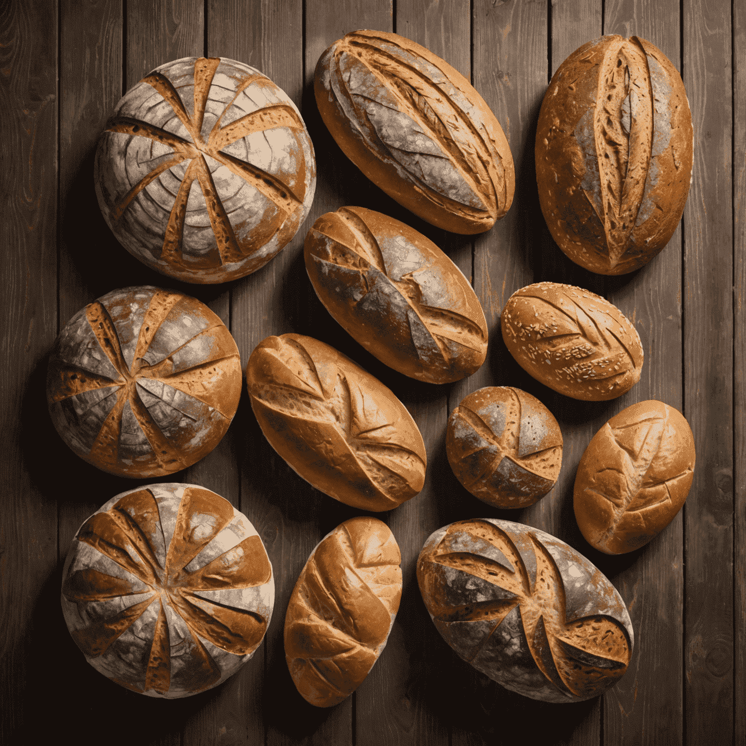 Various artisanal bread loaves displayed on a rustic wooden table, showcasing different shapes, textures, and grain types