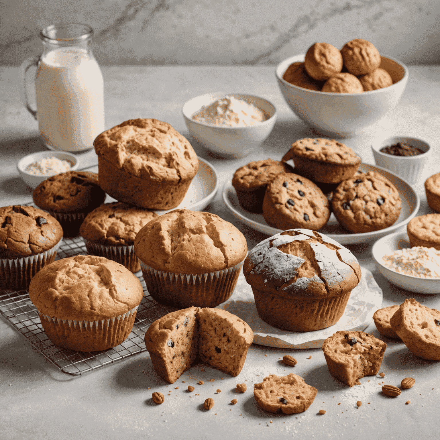 A variety of gluten-free baked goods including bread, muffins, and cookies, arranged on a light-colored surface with gluten-free flour and ingredients in the background