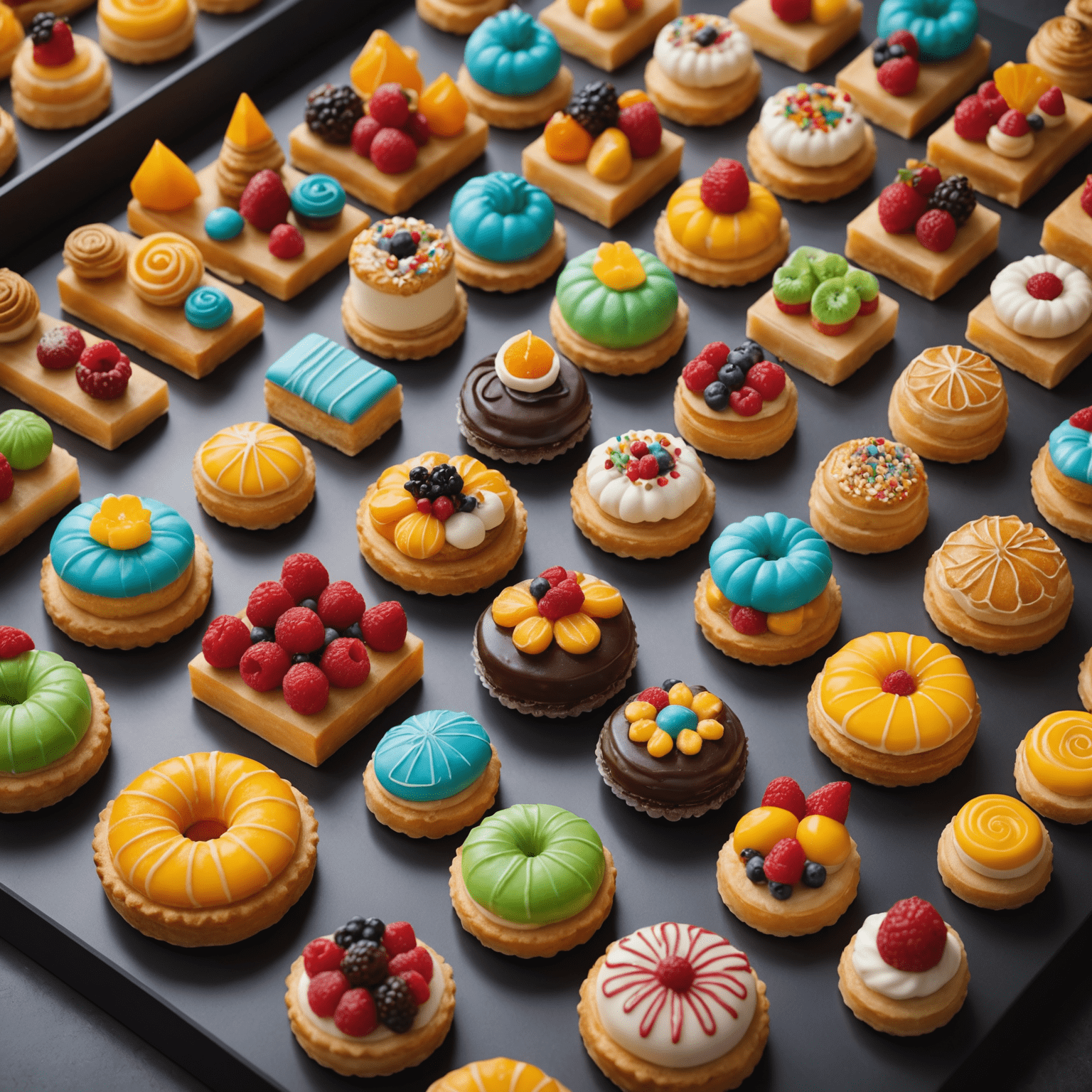 Colorful and intricately designed pastries arranged on a sleek, modern display, featuring unique shapes, vibrant colors, and artistic decorations